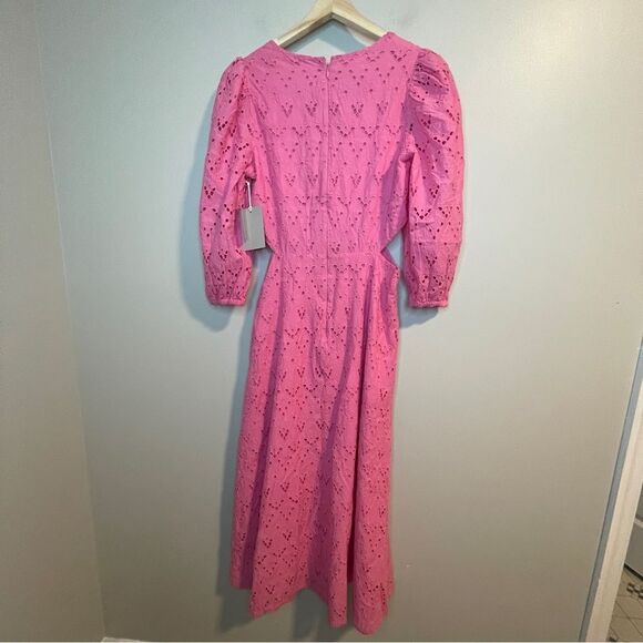 CHELSEA28 Eyelet Embroidered Cutout Bracelet Sleeve Midi Dress Pink SIZE M - Picture 6 of 11
